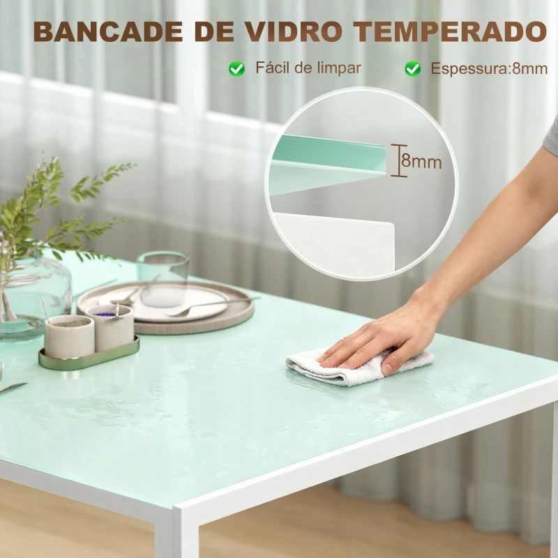 HOMCOM Mesa de Refeição de Vidro Mesa Retangular para 6 Pessoas com Pés de Metal  140x80x75 cm Branco