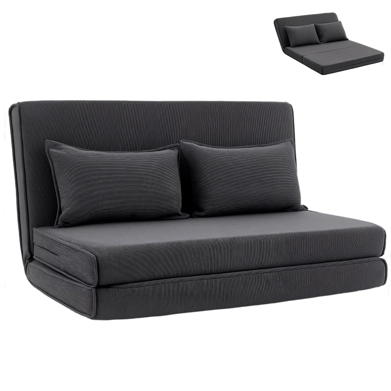 HOMCOM Canapé-Lit Pliant, Chauffeuse 2 Places Convertible Velours Côtelé, Dossier Réglable, Assise Large, 2 Oreillers, Gris