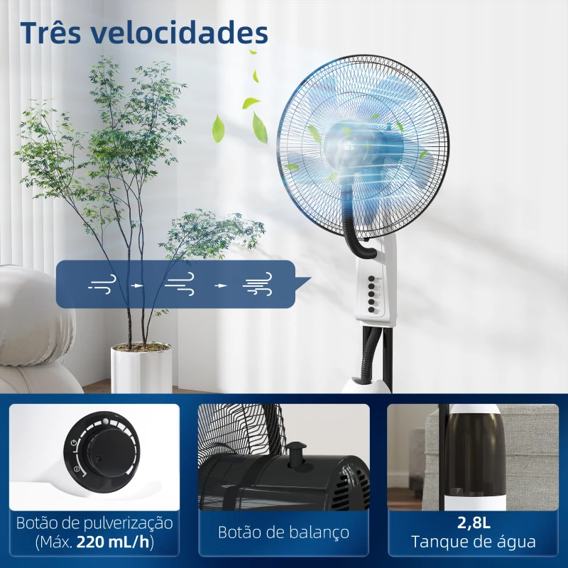 HOMCOM Ventoinha de Pé com Nebulizador Oscilante 3 Velocidades e 5 Lâminas Potência 90W Depósito 2,8L  Ø44,5x120cm Preto