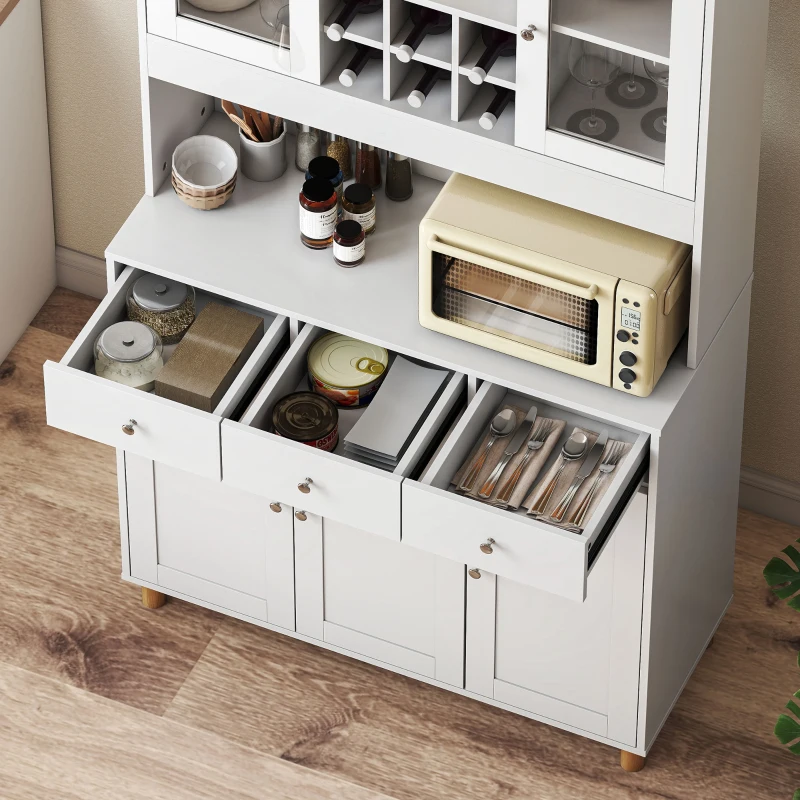 HOMCOM 180 cm Küchenschrank, 2 Glastüren, 3 Schubladen, 4 verstellbare Regale, Esszimmerschrank, Spanplatte, Weiß