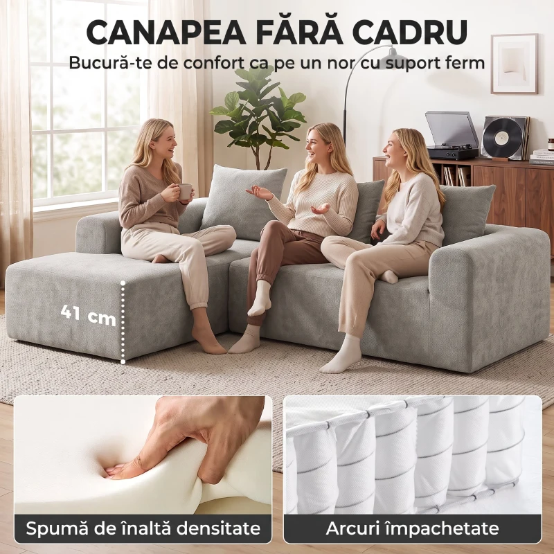 HOMCOM Canapea de Colț cu 3 Locuri, Fără Cadru, pentru Living, Gri Deschis