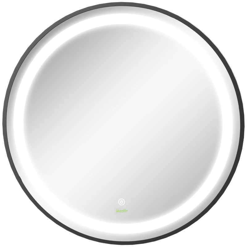 kleankin Badezimmerspiegel, LED-Beleuchtung, dimmbar, 3 Lichtfarben, Metallrahmen, Ø60 cm, Schwarz