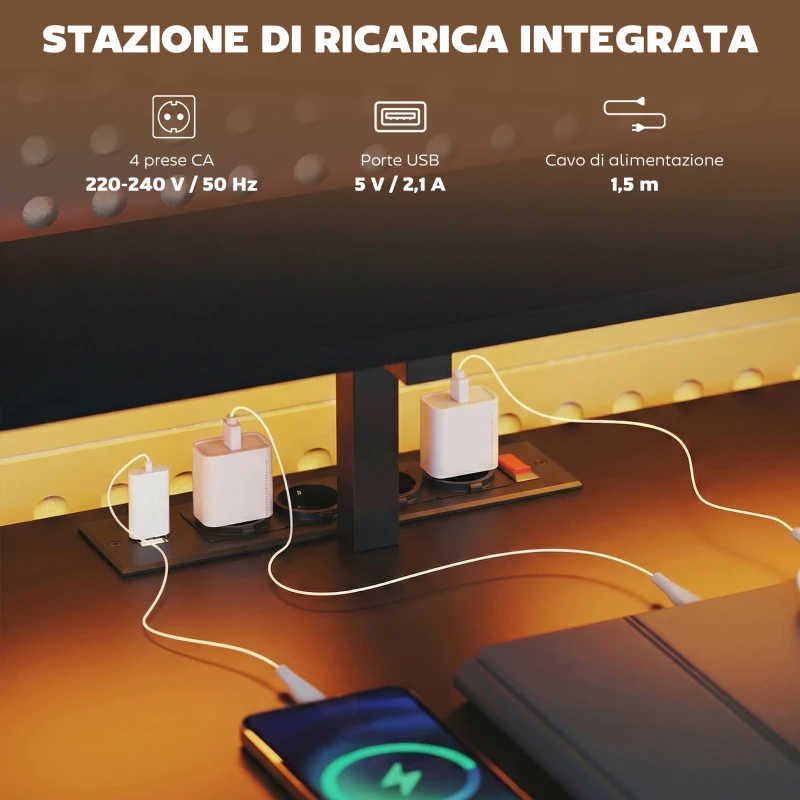 HOMCOM Scrivania Gaming Angolare con Hub di Ricarica, Luci LED e Supporto Monitor, in Legno e Acciaio, 192.5x80x86.5 cm, Nero