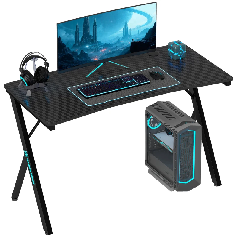 HOMCOM Birou Gaming cu lumini LED RGB reglabil și picioare în formă de K, din lemn și oțel, 120x60x75 cm, negru