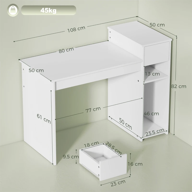 HOMCOM Birou pentru Studiu și Scris cu Sertar și Rafturi, 108 cm, Alb