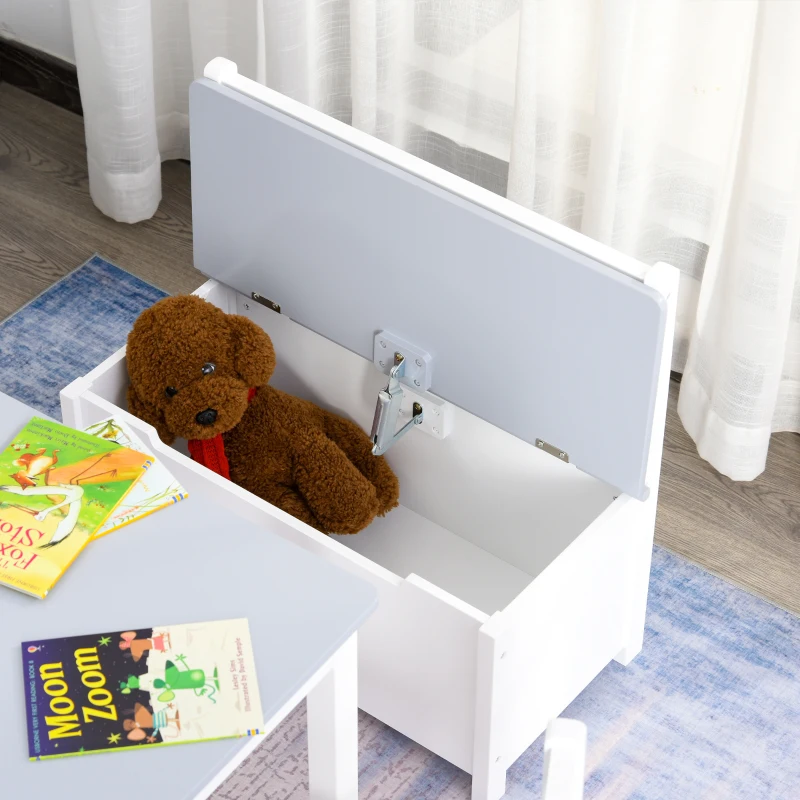 HOMCOM Set Tavolo per Bambini con 2 Sedie e Cassapanca in Legno per Cameretta, Bianco e Grigio