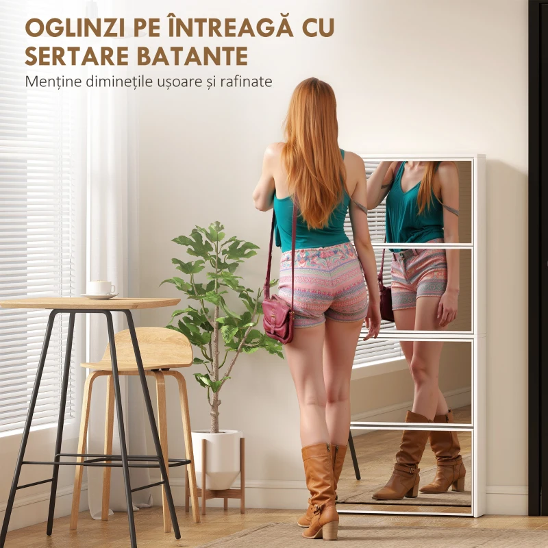 HOMCOM Dulap cu Oglindă și 4 Uși Anti-Răsturnare din Lemn, 63x17x146 cm, Alb