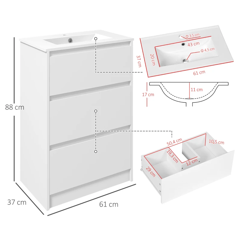 kleankin Móvel de Casa de Banho com Lavatório Armário Casa de Banho de Cerâmica Sintética com 2 Gavetas 61x37x88 cm Branco Brilhante