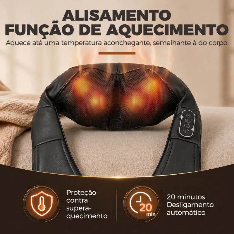 HOMCOM Massageador Cervical e de Costas com Calor e 8 Nós Shiatsu 3 Intensidades de Amassamento 3D Preto