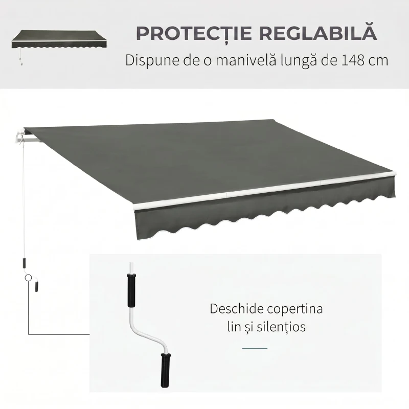 Outsunny Copertină Retractabilă de Exterior cu Brațe și Deschidere Manuală, 350x250 cm, Gri