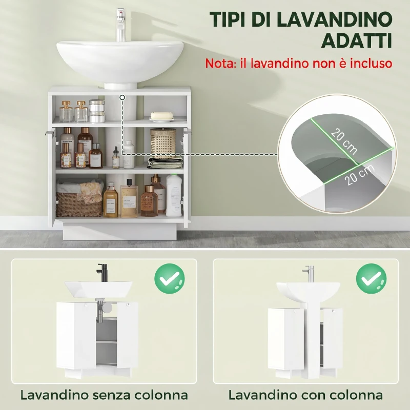 HOMCOM Mobile Sotto Lavabo Bagno con Ripiano Interno Regolabile e Ripiano Aperto, in Legno, 60x33x63 cm, Bianco