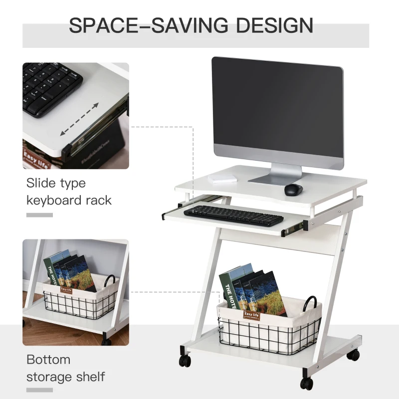 HOMCOM Movable Computer Desk with 4 Moving Wheels and Keyboard Tray White