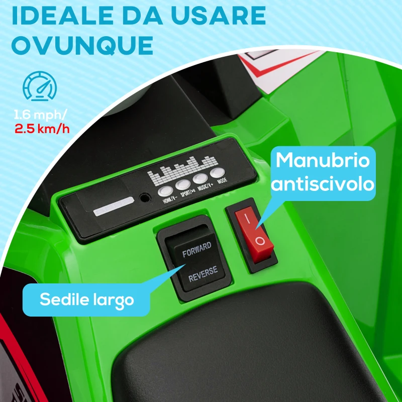HOMCOM Quad per Bambini 18-36 Mesi in PP e Metallo, Velocità max 2.5 km/h, 70x41.5x48.5 cm, Verde Grigio e Nero