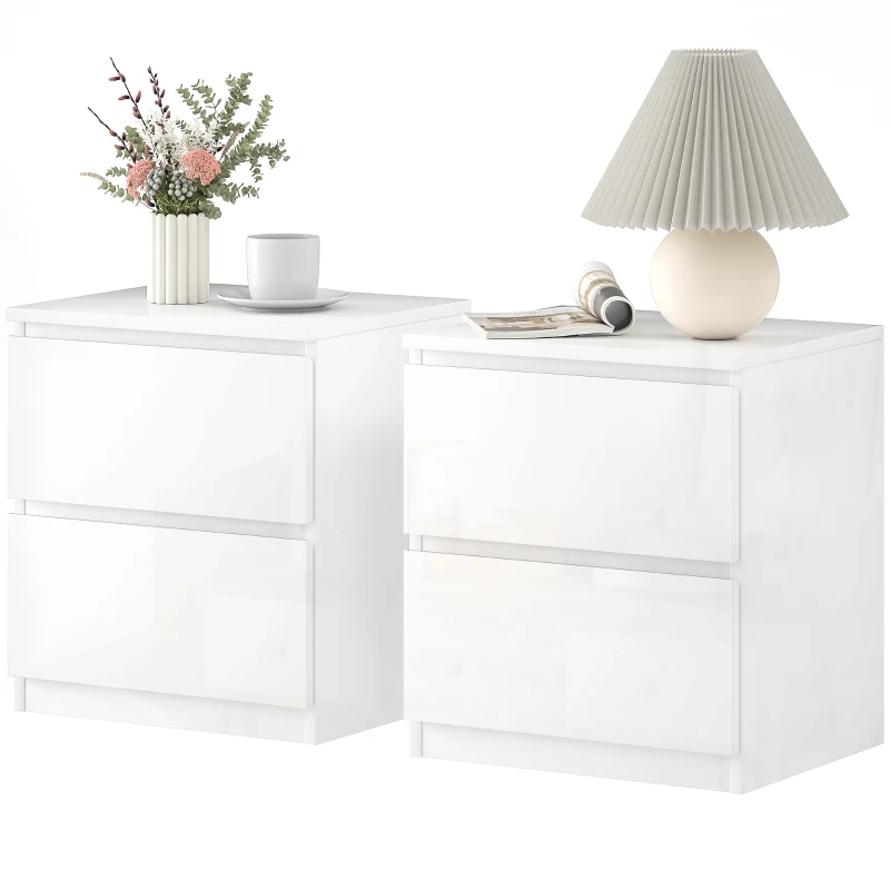 HOMCOM Conjunto de 2 Mesas de Cabeceira Moderna Mesas de Cabeceira com Gavetas para Dormitório 40x34x45 cm Branco Brilhante