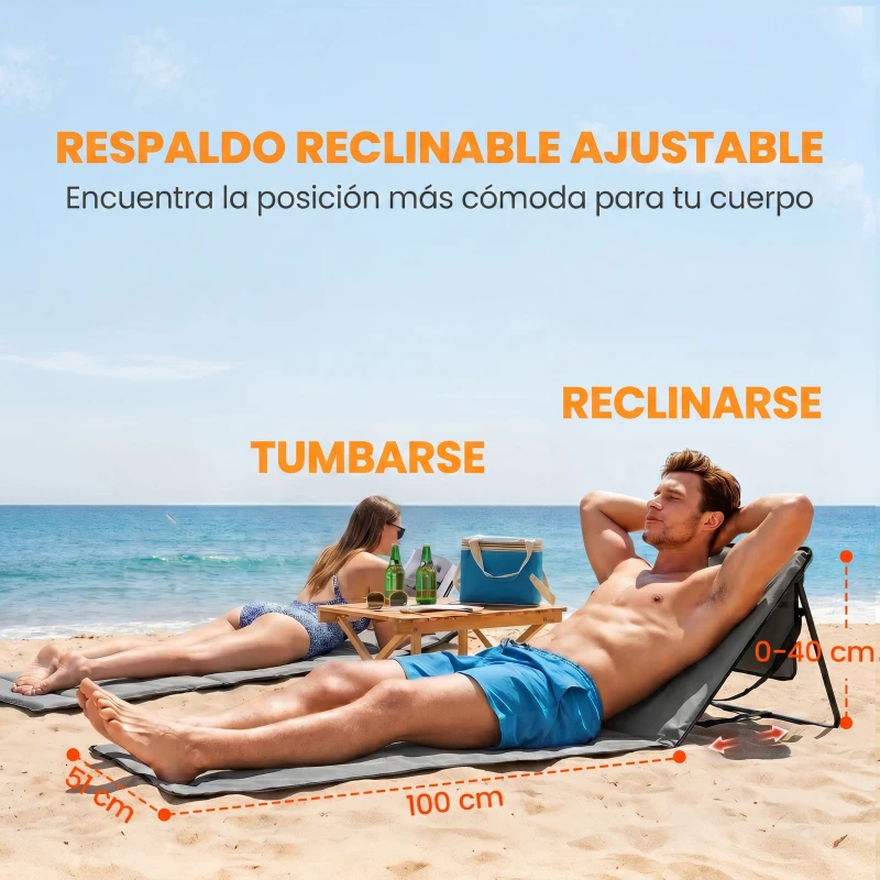 Outsunny Conjunto de 2 Esterillas de Playa Plegable con Respaldo Reclinable y Correa de Transporte 142x51x40 cm Gris