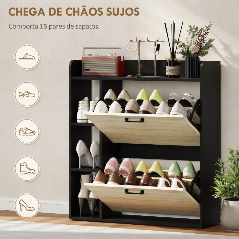 HOMCOM Sapateira Estreita com 3 Prateleiras Laterais e Prateleiras Ajustáveis para 15 Pares de Sapatos 83x24x90,5 cm Madeira e Preto