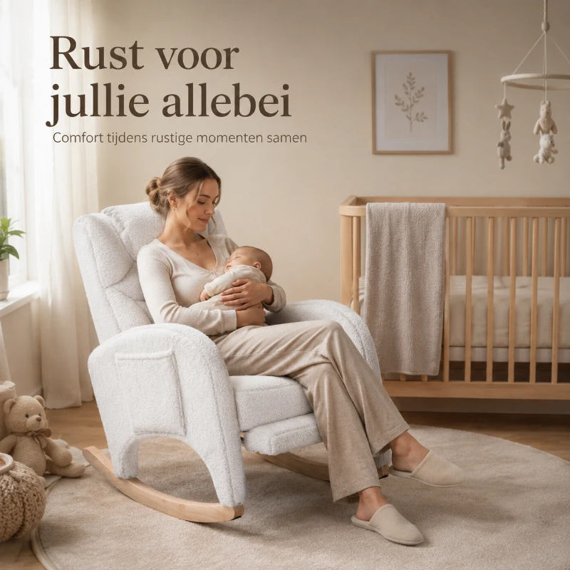 Teddy Schommelstoel met Voetensteun Comfortabele Voedings en Relaxfauteuil met Hoge Rugleuning Wit