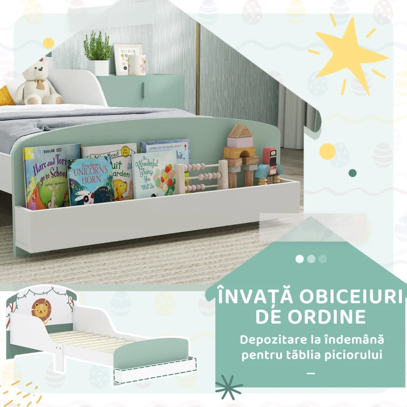 AIYAPLAY Pat pentru Copii 3-8 Ani din Lemn cu Spațiu de Depozitare și Bariere Laterale, 150x77x60 cm, Verde
