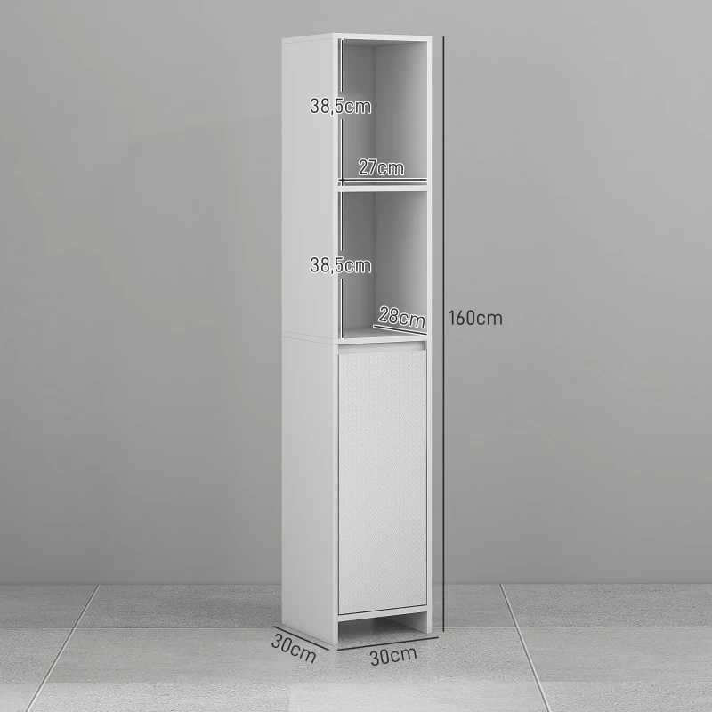 HOMCOM Coluna Casa de Banho Armário Alto Casa de Banho com Porta 2 Prateleiras Abertas  Estilo Moderno 30x30x160 cm Branco