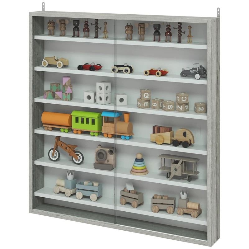 HOMCOM Bacheca Portaoggetti a 5 Ripiani Regolabili in Legno con Ante in Vetro, 80x9.5x83 cm, Bianco e Grigio
