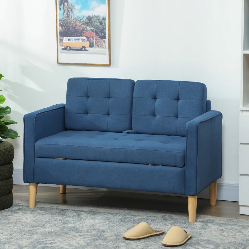 HOMCOM Zweisitzer-Sofa mit Stauraum, Knopfheftung, Kissen, Kautschukbaumholz, 117x62x78cm, Blau(m-10)