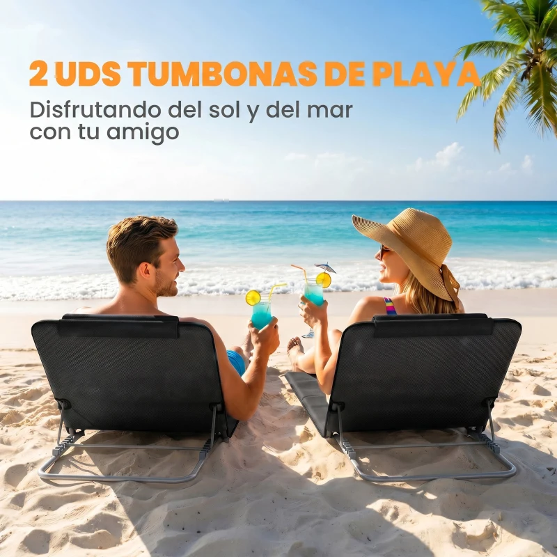 Outsunny Conjunto de 2 Esterillas con Respaldo Reclinable en 5 Niveles Reposacabezas y Bolsa de Transporte 134x48x33-43 cm Negro
