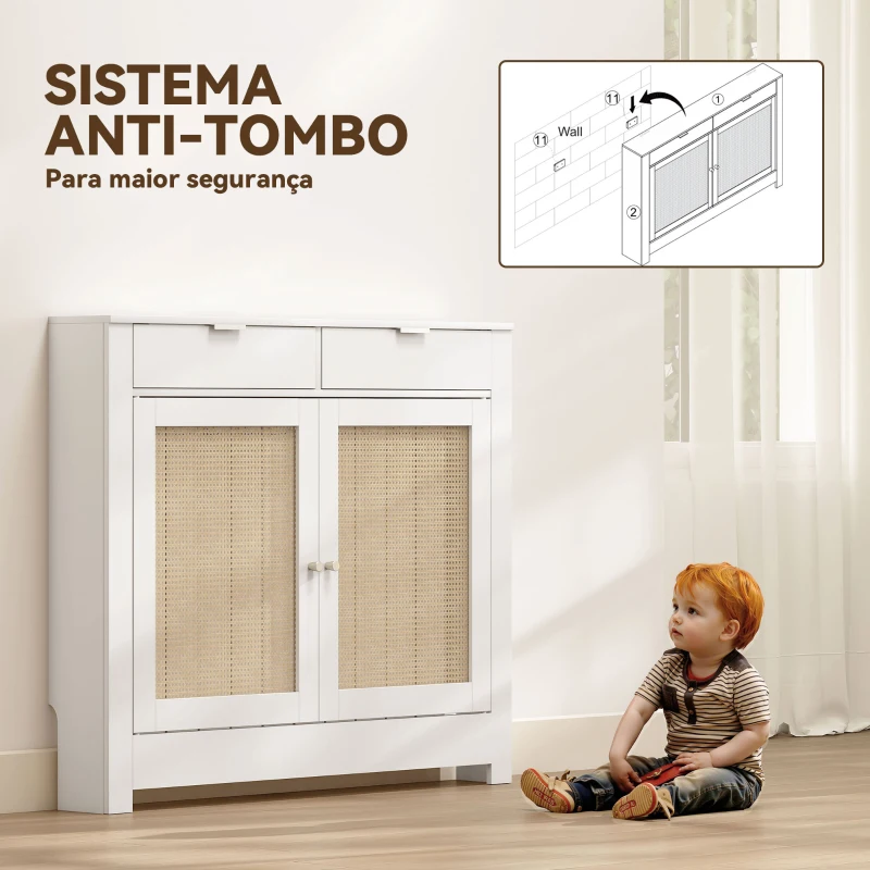 HOMCOM Cobertura para Radiador com Portas Rebatíveis e Vime Proteção Radiador de MDF 111x19x95,5 cm com Compartimento Desenho Boémio Branco