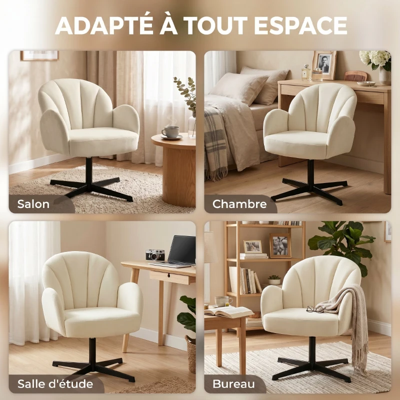 HOMCOM Fauteuil salon pivotant fauteuil d'appoint rembourré en velours dossier en forme de coquille coussin à ressorts beige