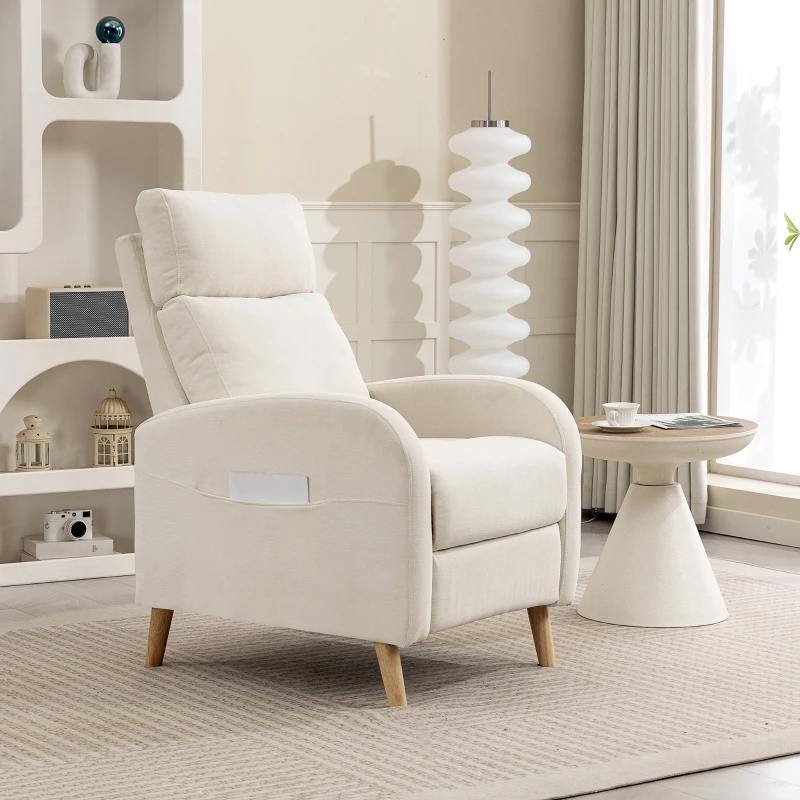 HOMCOM Poltrona Relax Reclinável Manual Estofada em Linho Sintético com Apoio para os Pés e Bolso Lateral 68x90x106 cm Creme