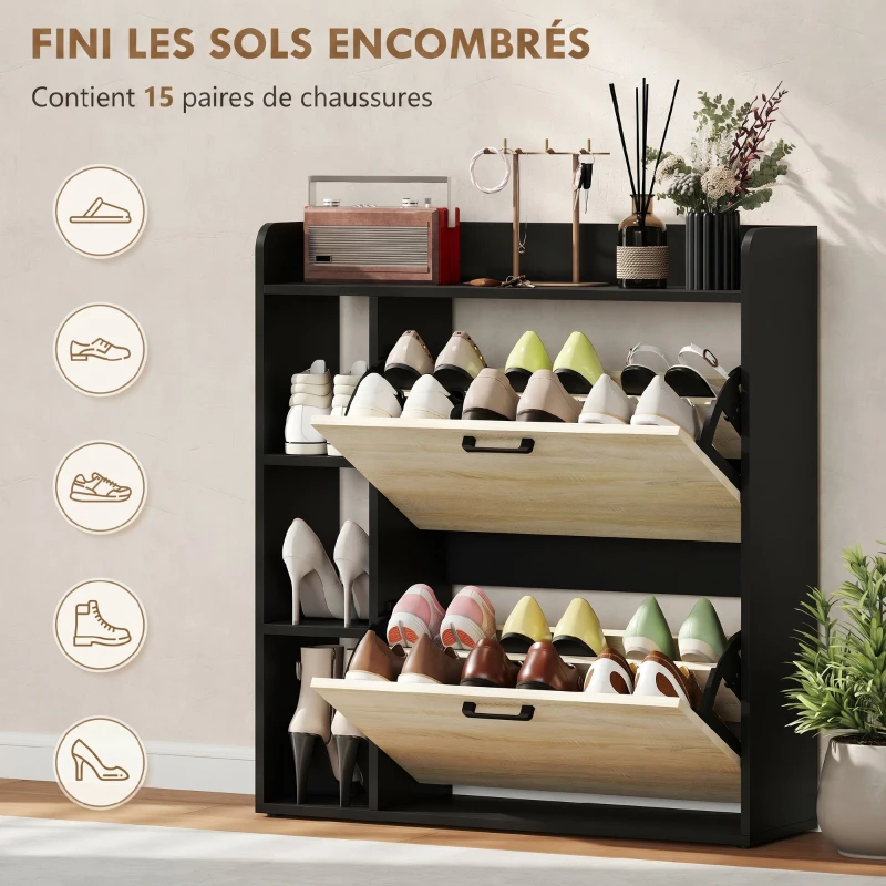 HOMCOM Meuble à chaussures 15 paires, armoire à chaussures moderne avec 2 tiroirs rabattables, 83x24x90,5cm, noir