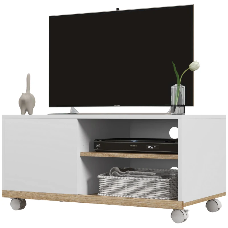 HOMCOM Mobile TV 42" Max con 2 Ripiani Aperti e Anta e Ruote, in Truciolato, 80x45x39.5 cm, Bianco