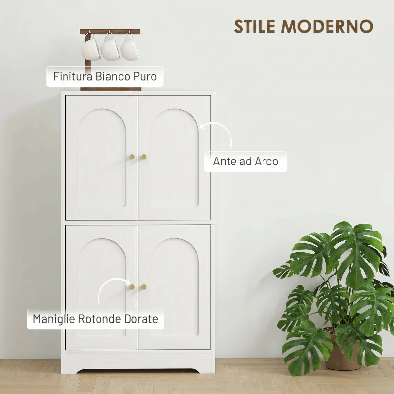 HOMCOM Credenza Cucina in Legno con 2 Armadietti, 4 Ante, 2 Ripiani Regolabili, per Sala da Pranzo, Soggiorno, Bianco
