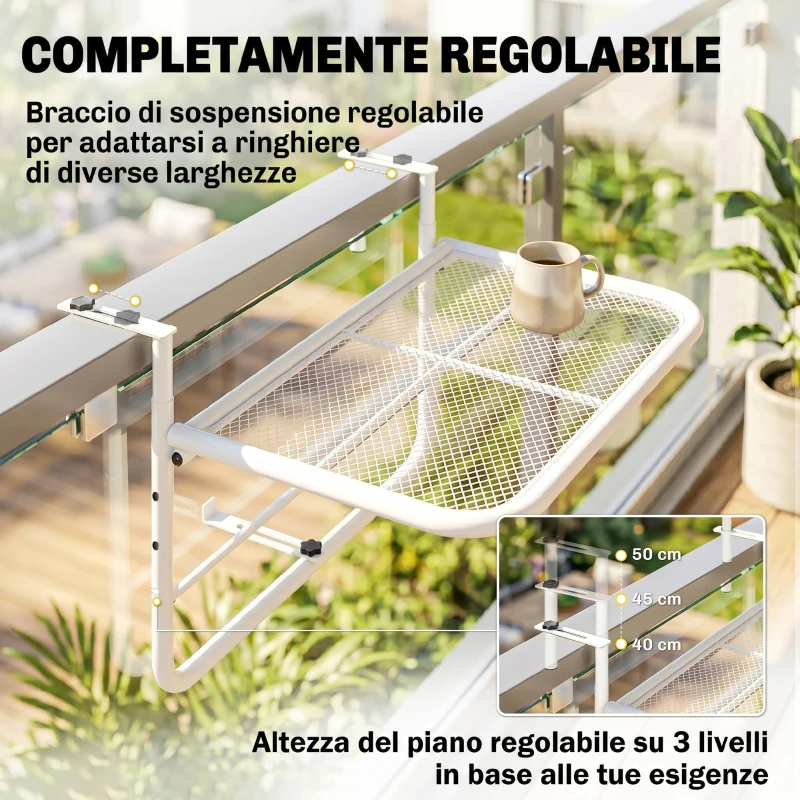 Outsunny Tavolo da Ringhiera con Ganci ad Altezza Regolabile su 3 Livelli, in Metallo, 60x56x50 cm, Bianco