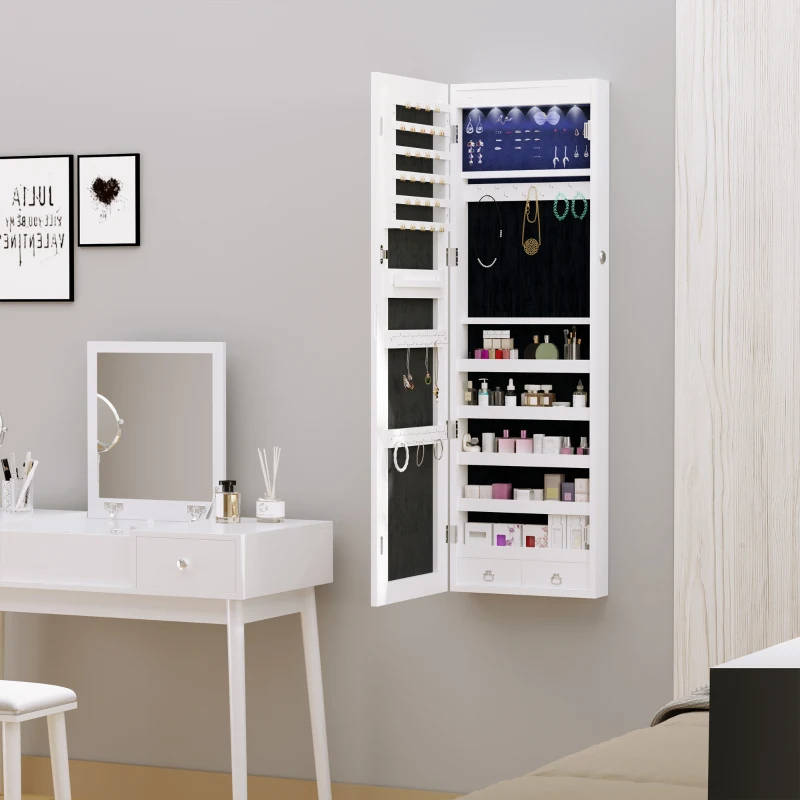 HOMCOM Oglindă portbijuterii cu 6 lumini LED și spații pentru depozitare din lemn și sticlă, 37x120x10 cm, culoare albă