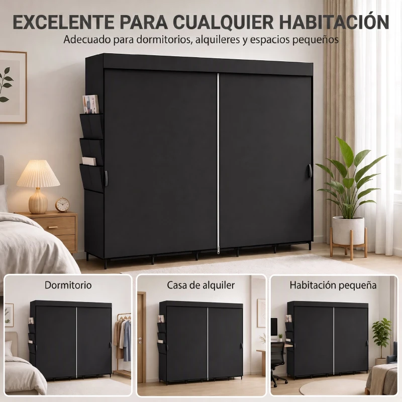 HOMCOM Armario de Tela con 5 Barras 5 Estantes 6 Bolsillos Laterales Cremallera Marco de Acero 212x45x167 cm Gris