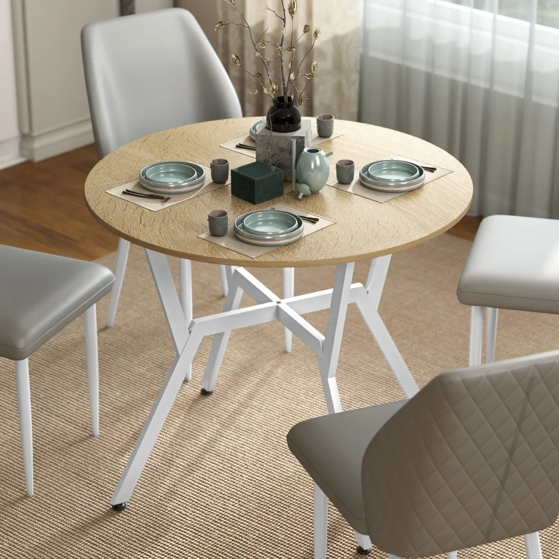 HOMCOM Mesa de Refeição Redonda Mesa de Jantar Estilo Industrial com Bancada de Madeira e Estrutura de Aço Ø90x76 cm Madeira e Branco