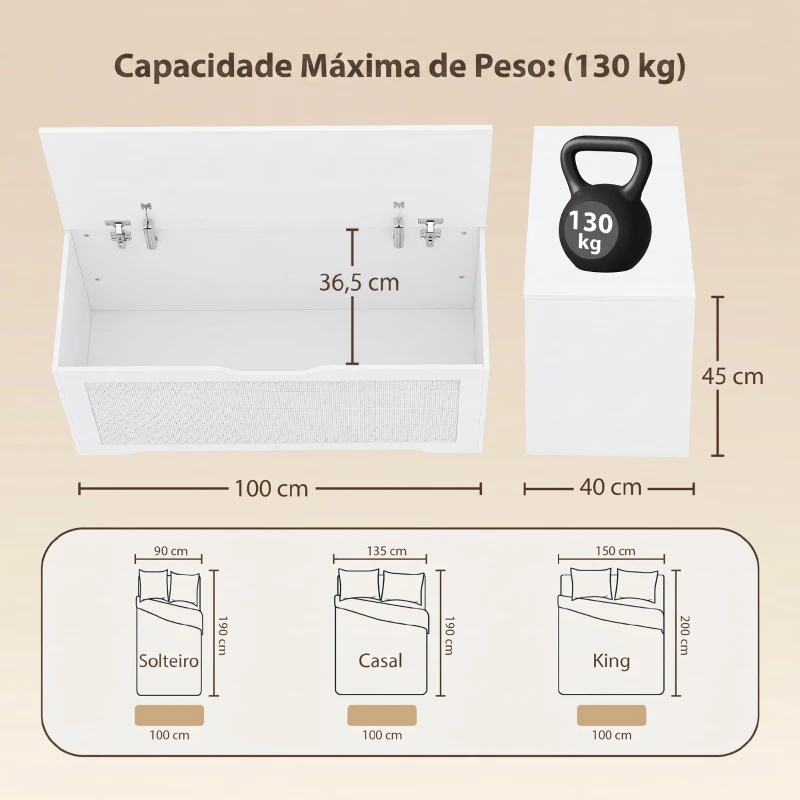 HOMCOM Baú de Arrumação 136L com Painel de Ratã e Tampa com Braços de Apoio, 100x40x45 cm, Branco