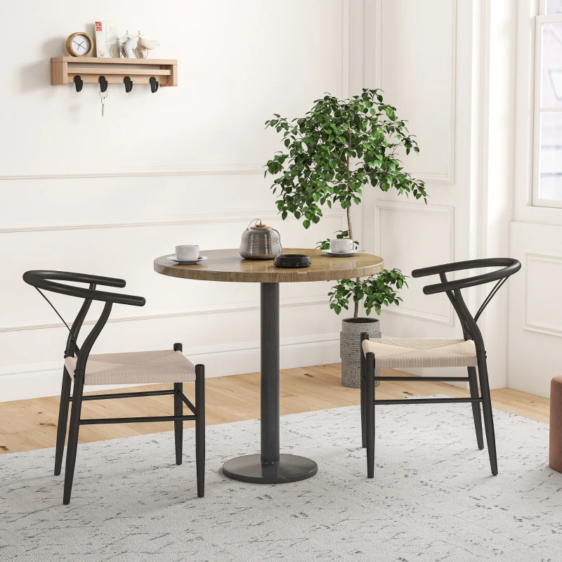 HOMCOM Set of Two Weave Dining Chairs with Y-Shaped Backrest Hemp Seat - Black/Beige