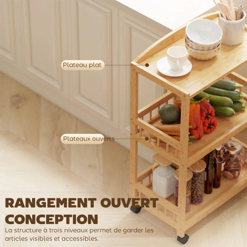 HOMCOM Chariot de cuisine à 3 niveaux, desserte à roulettes en bambou pour chambre, salon, bureau, 53x30,5x83cm, bois naturel