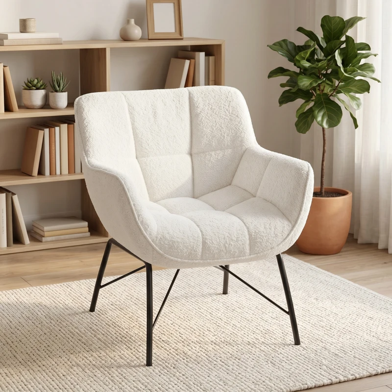 HOMCOM Moderner Loungesessel, Sherpa-Fleece Sessel mit gebogener Rückenlehne, integrierten Armlehnen, Metallbeinen, Cremeweiß