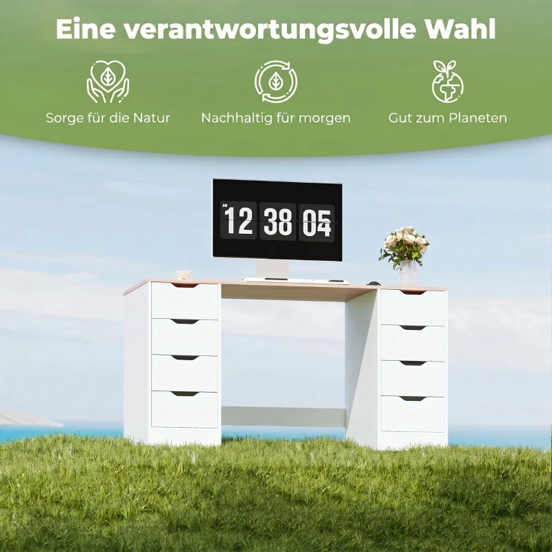 HOMCOM 140 cm Computertisch, 8 Schubladen, Schreibtisch für Homeoffice, Schlafzimmer, Stahl, Holz, Natur