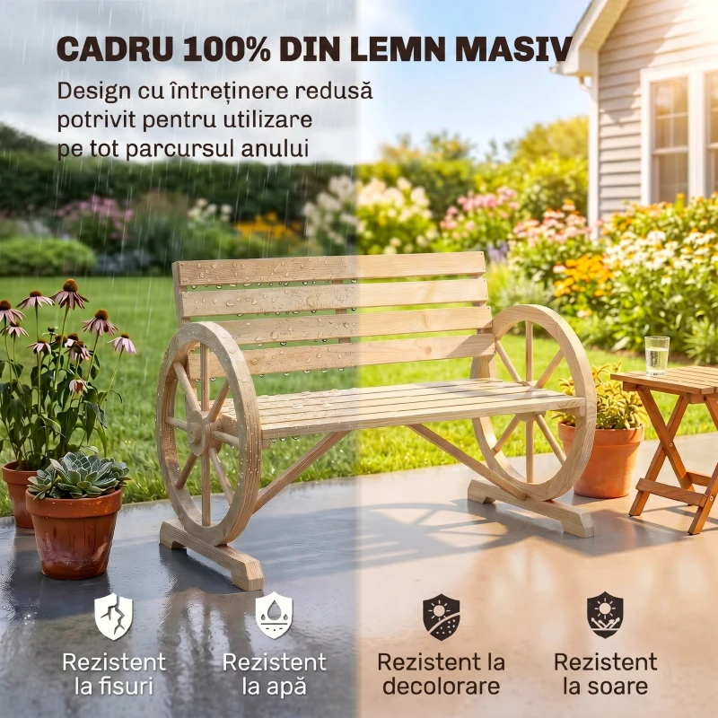 Outsunny Bancă de Grădină cu 2 Locuri, din Lamele cu Mânere în Formă de Roată de Căruță, din Lemn, 105,5x56x79 cm, Culoare Lemn