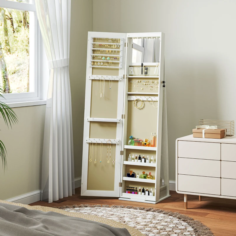 HOMCOM Joalheiro de Pé Armário para Joias com 6 Luzes LED Fechadura Prateleiras Suportes para Anéis 38x38x157 cm Branco e Bege