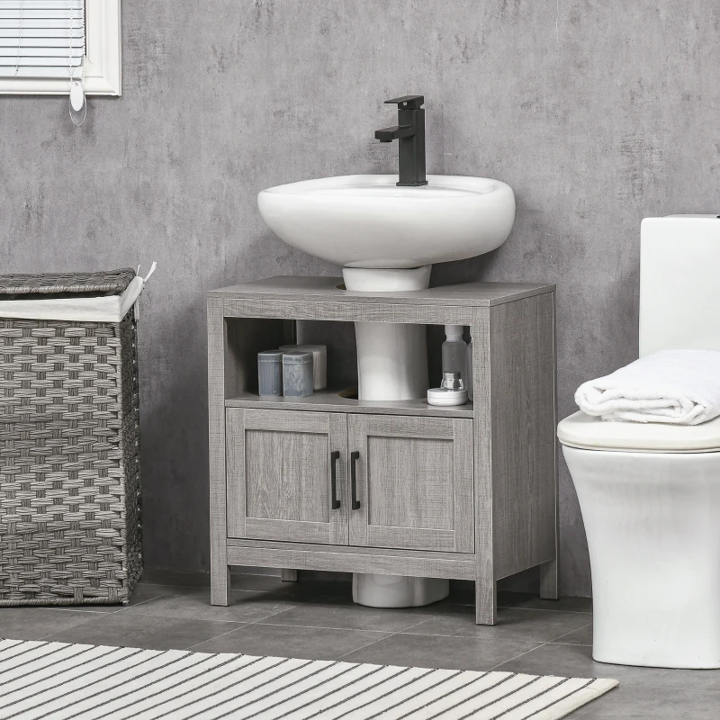 kleankin Mobile Sottolavabo con Armadietto a 2 Ante e Ripiani in Legno 60x30x60cm, Grigio