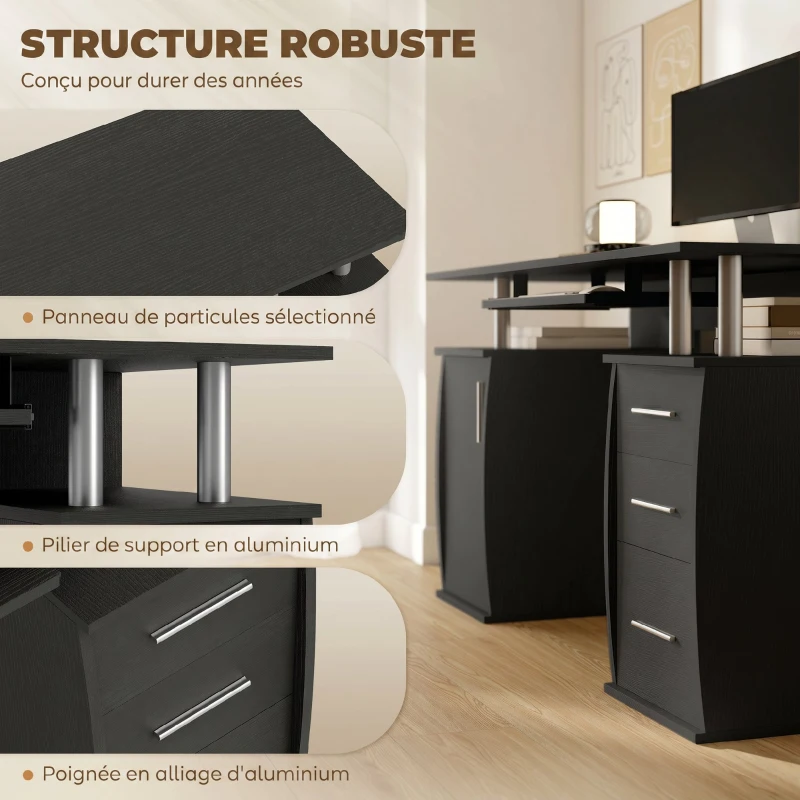 HOMCOM Bureau d'ordinateur, bureau informatique 120 x 55 cm avec plateau pour clavier, 3 tiroirs, pour chambre, domicile, noir