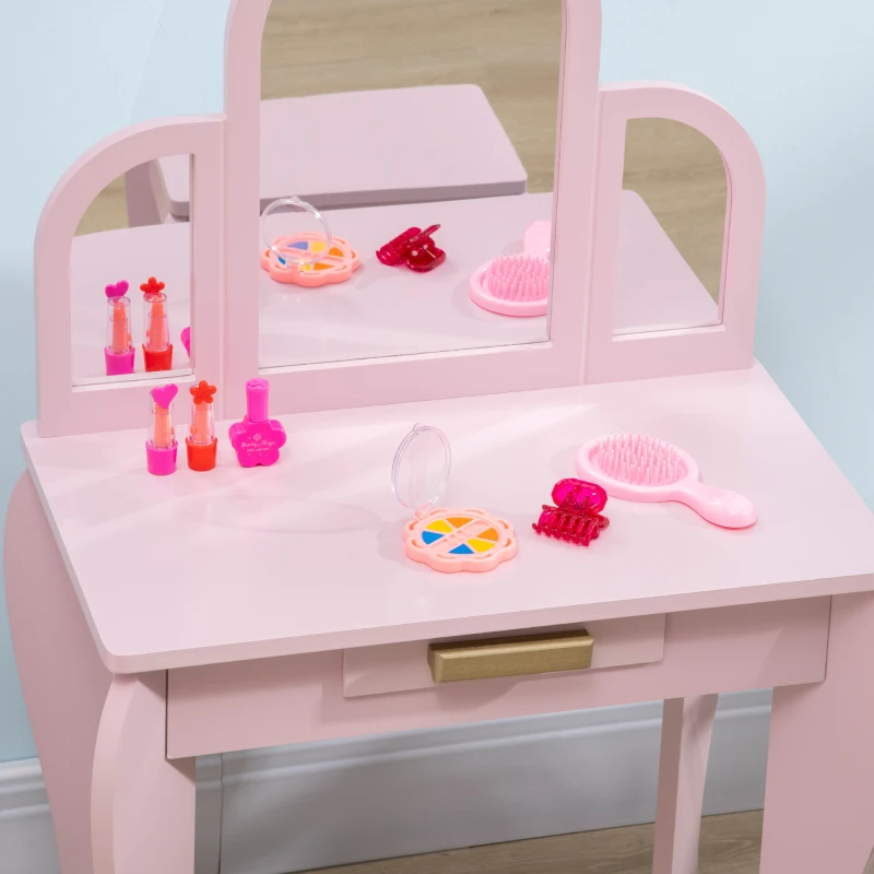HOMCOM Toucador para Crianças com Espelho e Banco Toucador de Maquilhagem para Crianças de 3 a 6 Anos 52x32x85 cm Rosa