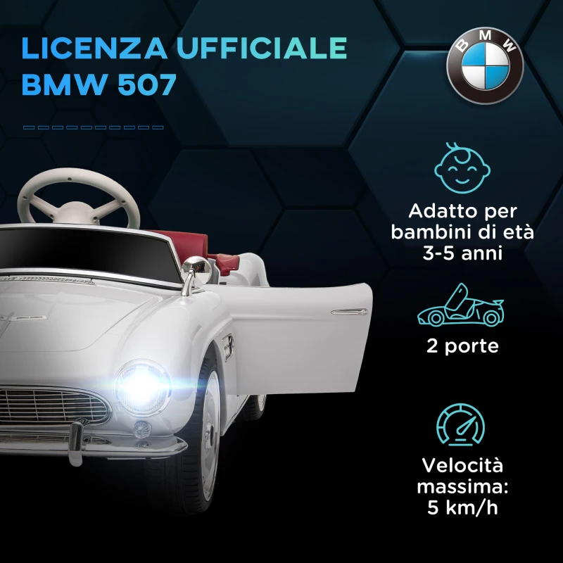 HOMCOM Macchina Elettrica per Bambini a 2 Porte con Licenza BMW 507, con Clacson e Telecomando, 115x55x47 cm, Bianca
