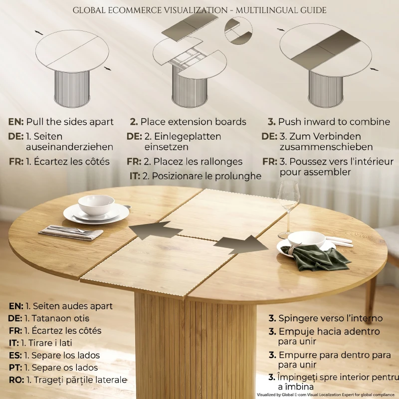 HOMCOM Masă Extensibilă pentru 6-8 Persoane, de la Rotundă la Ovală, cu Bază pe Piedestal, din Lemn și Oțel, culoare Lemn