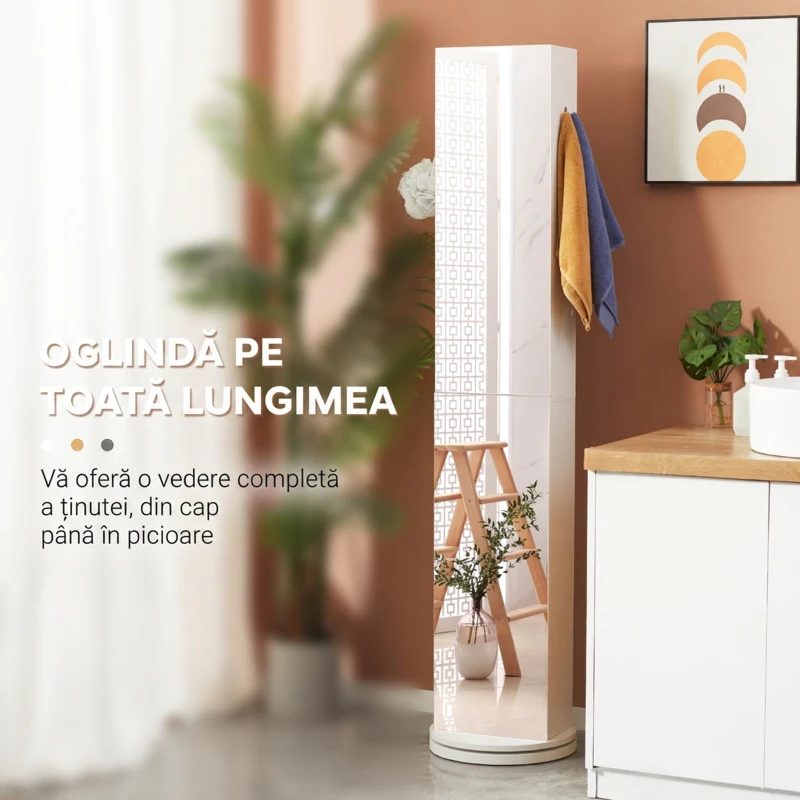 kleankin Mobilier coloană de baie pivotant cu oglindă 6 rafturi 36 x 36 x 171 cm alb