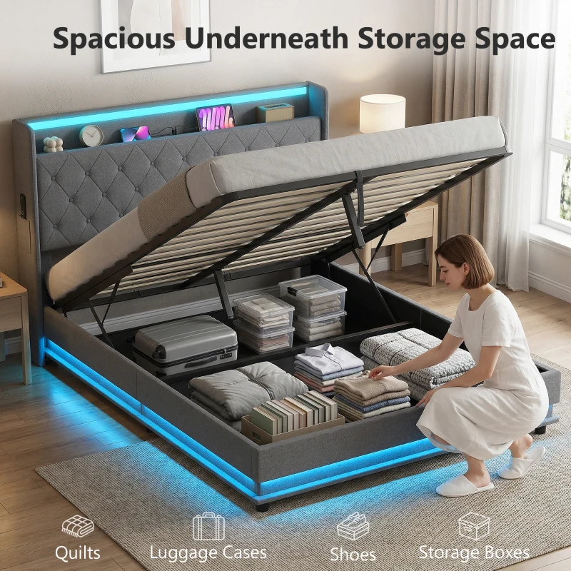 HOMCOM 5ft King Bed Frame with Headboard, Platform Bed Frame with Hydraulic Storage, LED Lights and Charging Station, Grey